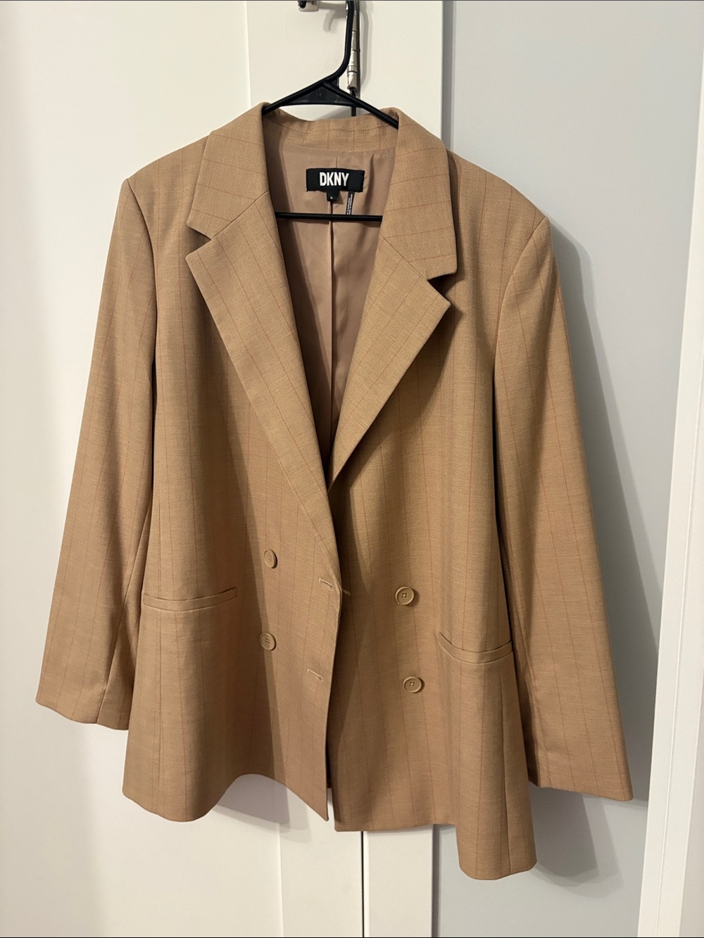 DKNY Double-Breasted Tan Blazer with Subtle Windowpane